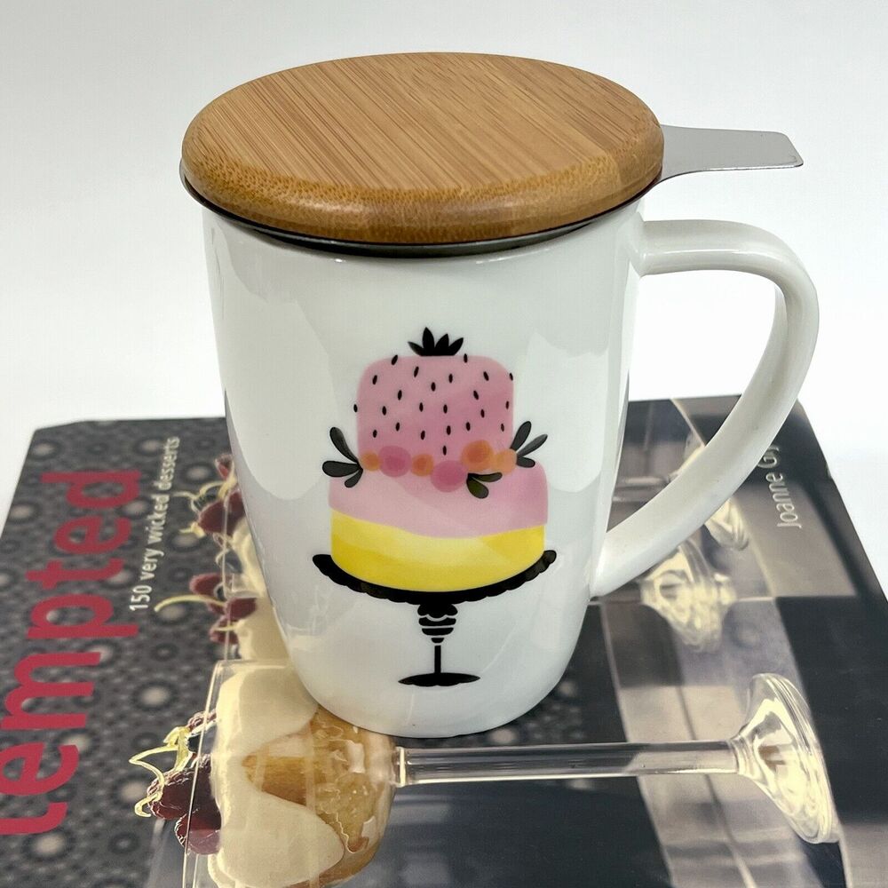 Ceramic Tea Infuser Mug With Stainless Steel Bamboo Lid Coaster White Cake